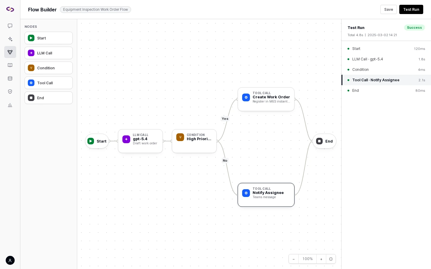 Flow builder — node palette and Test Run history