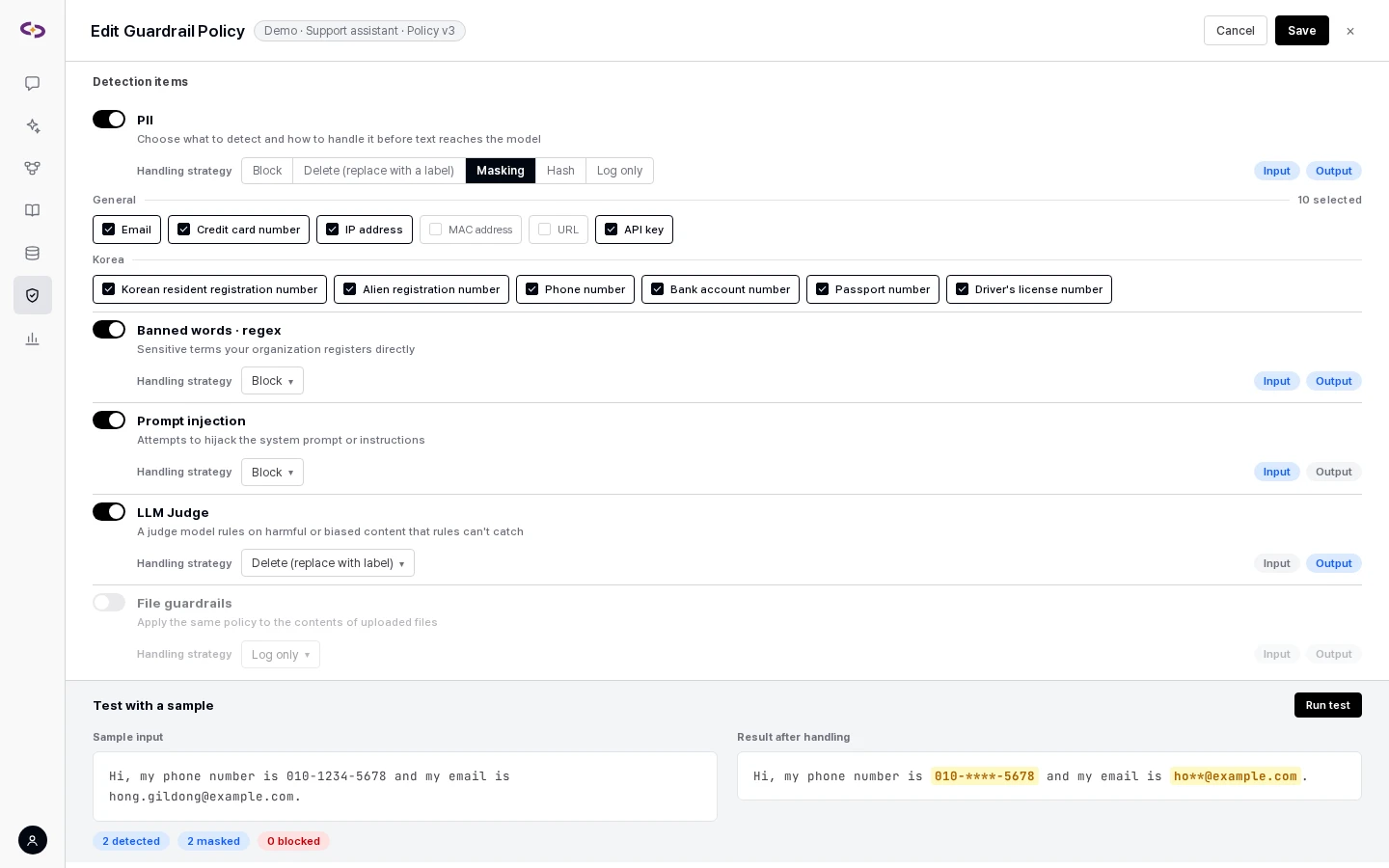 Guardrail policy editor — 12 detection types · 5 handling strategies · scope